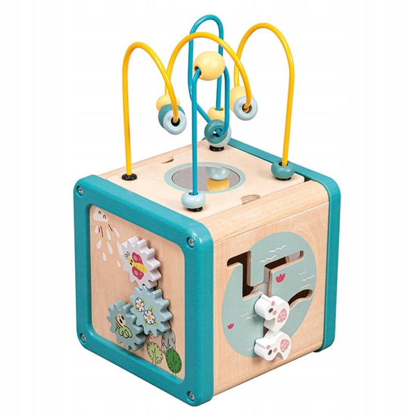 Drewniana kostka edukacyjna 5w1 – sensoryczny activity cube dla dzieci 18m+