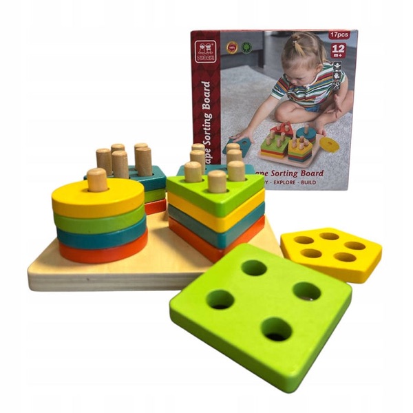 Drewniana tablica Montessori do sortowania kształtów 12m+