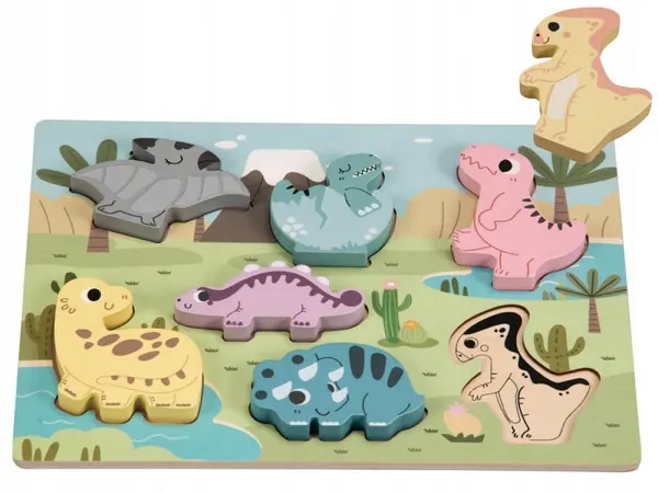 Puzzle drewniane układanka dinozaury pastelowe – prezent dla dzieci