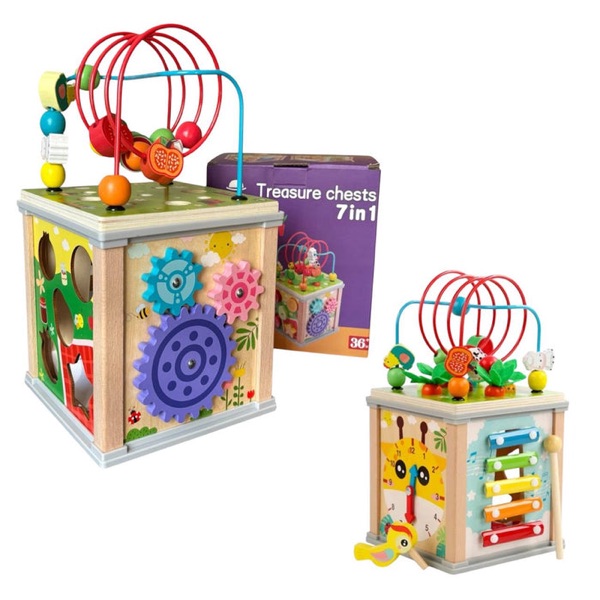 Drewniana kostka sorter 7w1 – edukacyjna zabawka Montessori